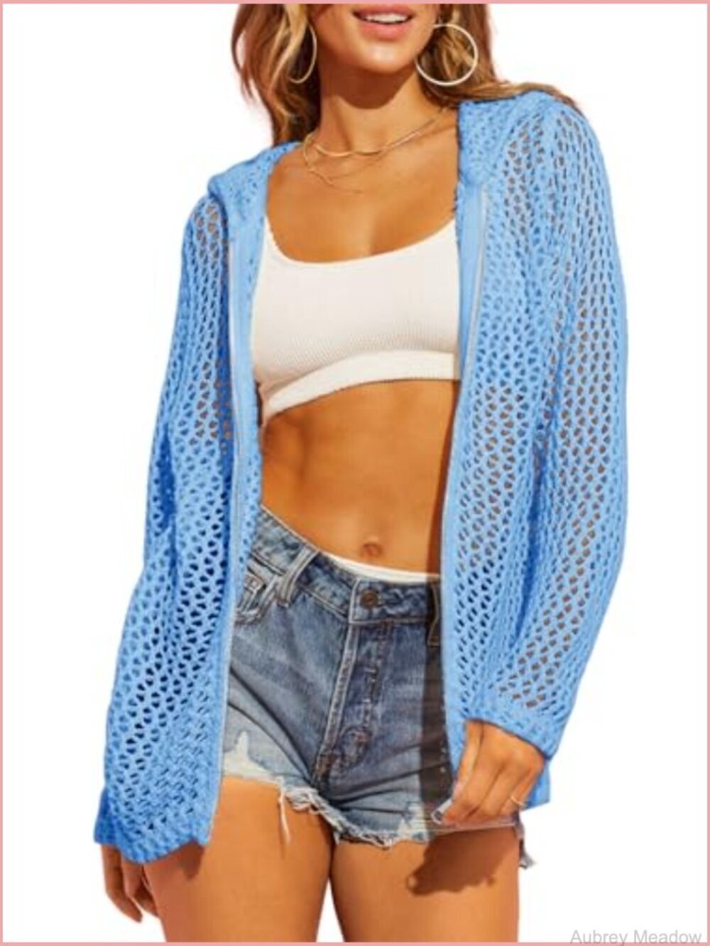 Crochet Lightweight Cardigan Zip Up Hooded Long Sleeve Knit Sweater Beach Cover - Picture 2 of 5